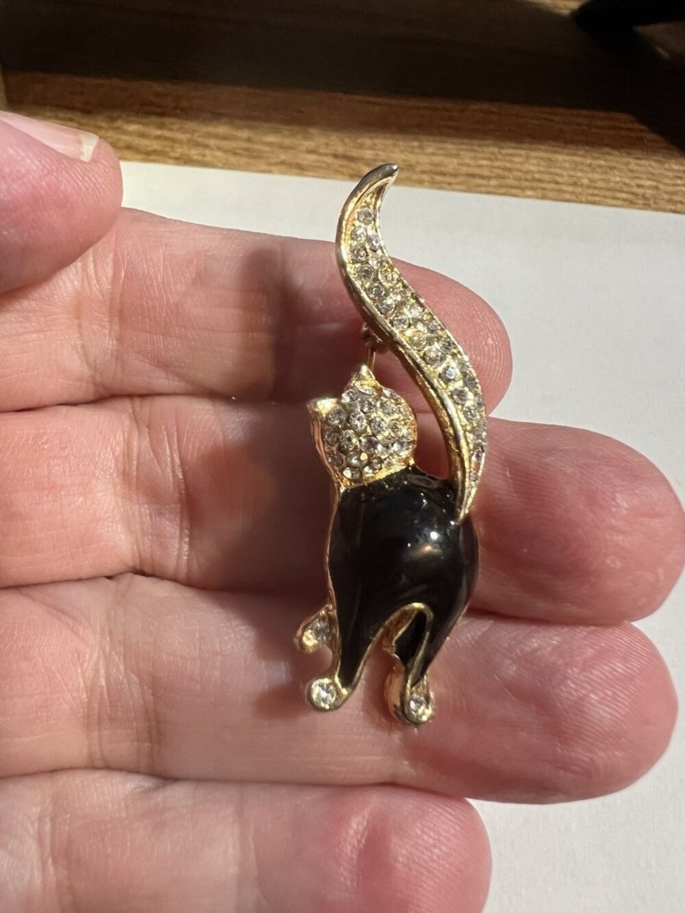 Vintage Attwood & Sawyer Swarovski Crystal & Enamel Sleek Black Cat Brooch 2"